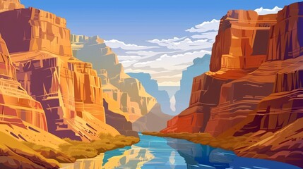 Illustration of canyon landscape with river for Grand Canyon poster.