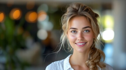 Obraz premium A beautiful woman smiling in a hotel lobby.