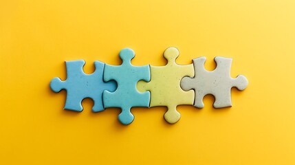 Fototapeta premium Four jigsaw pieces on yellow background