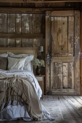 Rustic bedroom interior. With lots of old wood effect furniture and furnishings. Generative AI
