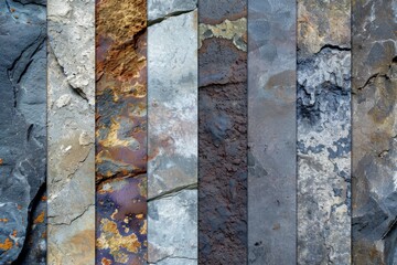 Series of textures including stone, wood, and metal. Textural variety concept