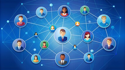 Business connection and social network on blue background.