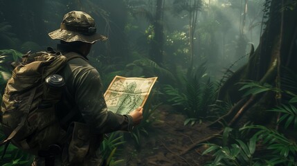 A hunter carefully studying a map, plotting their course through the dense jungle with precision...