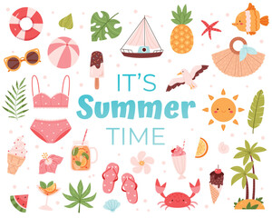 Summer set with lettering and cute beach elements bikini, tropical leaves, ice cream, cocktails,flip flops, fruits, flowers, palm trees.