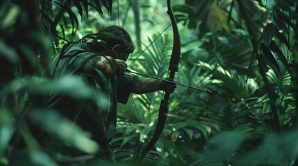 Obraz premium A hunter stalking through dense foliage, bow at the ready, eyes keen for prey.