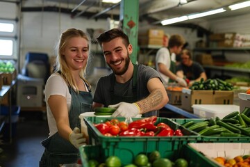 Young Caucasian Couple Volunteers Together to Pack Fresh Produce for Needy in Green Boxes