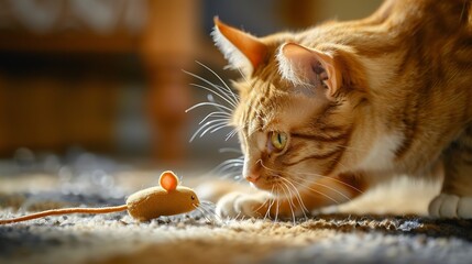 Ginger cat hunts a toy mouse in the home room