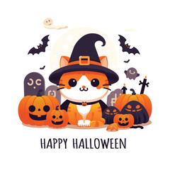 Yellow cat halloween background with pumpkin and bats	