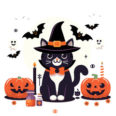 Black cat with pumpkin Halloween night background