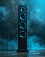 a tall speaker sitting on top of a wooden floor