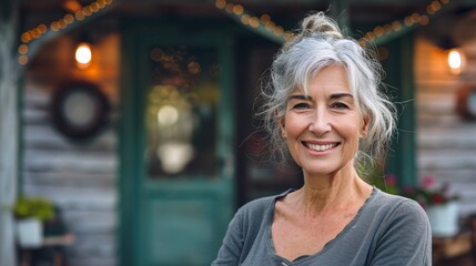 Image of content elderly lady posing in front of her residence.