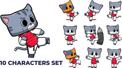 Cat Taekwondo Cartoon, Good for Poster or t-shirt textile graphic design. Vector hand drawn illustration