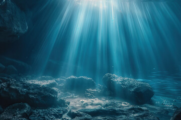 The sun's rays underwater illuminate the seabed. Underwater background with sun rays. Blue ocean or sea depth blue background.