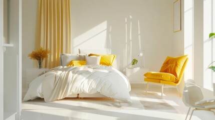 Cozy Bedroom with White Bedding, Red Accent Cushions, Modern Minimalist Style, Ideal for Home Decor Magazines
