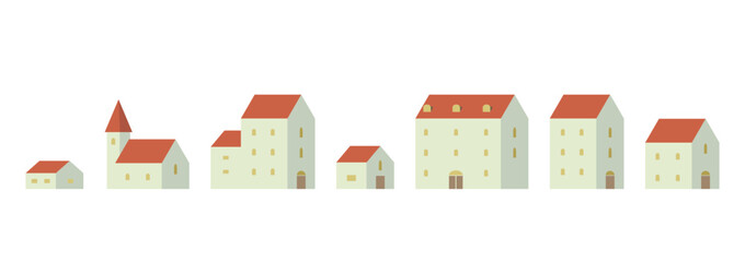 Simple and cute illustration of village houses flat vector isolated on white background.