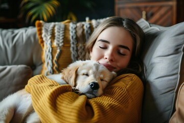 Obraz premium Young Caucasian Couple Finds Contentment at Home: Woman Relaxing on Couch with Puppy