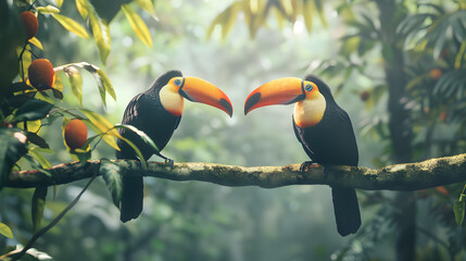 toucans are sitting on a branch in a rainforest.
