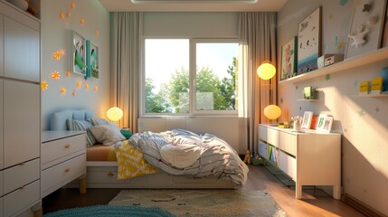 Serene Children's Bedroom with Soft Color Palette and Cozy Furnishings, Ideal for Relaxation and Lifestyle Magazines