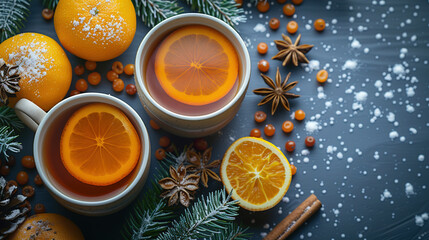 The warmth of winter hot drinks with a texture flat lay photography top view 