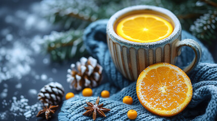 The warmth of winter hot drinks with a texture flat lay photography top view 