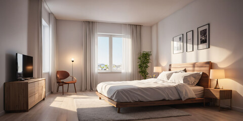 Modern Minimalistic Bedroom with Bed and Lamps. A simply furnished bedroom with a bed, two lamps on nightstands, and a window.