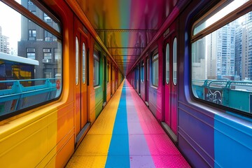Fototapeta premium Rainbow subway tunnel with city view