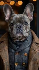 Obraz premium Sophisticated French Bulldog in Formal Attire Decorating Wall for Stylish Pet Party Invitation. Handsome, Smiling Canine Portrait with Copyspace for Custom Text.