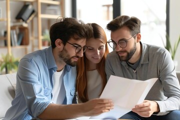 Obraz premium Young Caucasian Couple Carefully Examining Real Estate Contract for Investment Opportunities