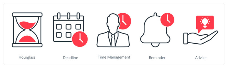 A set of 5 Business and Office icons as hourglass, deadline, time management