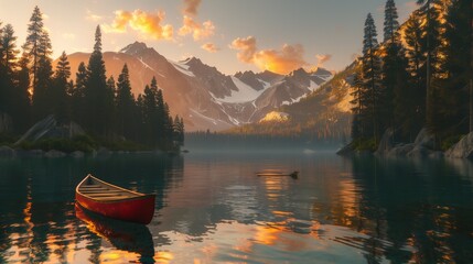 A peaceful mountain lake surrounded by pine trees, with a lone canoe gliding silently across the glassy surface as the sun sets behind the peaks.