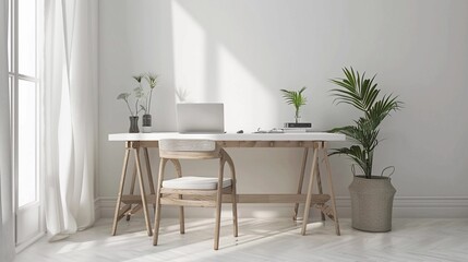 Minimalist Workspace with white walls, a simple desk, a comfortable chair, and a laptop