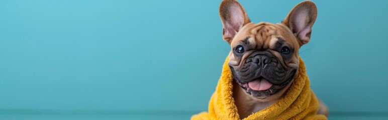 Relaxed French Bulldog in Cozy Bathrobe Decorating Wall for Inviting Pet Party Celebration. Charming, Smiling Canine Portrait with Copyspace for Custom Text.