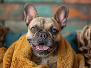Relaxed French Bulldog in Cozy Bathrobe Decorating Wall for Inviting Pet Party Celebration. Charming, Smiling Canine Portrait with Copyspace for Custom Text.