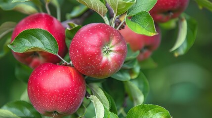 Obraz premium Fresh red apple fruit on organic farm tree branch close up view.