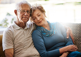 Portrait, house and old couple with love, hug and retirement with marriage, bonding together and...