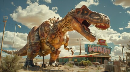 A retro-style roadside attraction featuring oversized sculptures of dinosaurs, beckoning travelers...