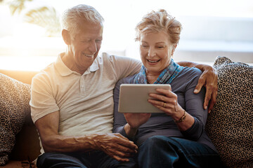 Mature couple, tablet and news to watch, digital and online for search, information and show on app...