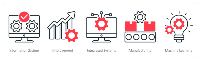 A set of 5 Industrial icons as information system, improvement, integrated systems