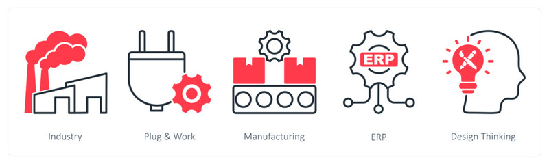 A set of 5 Industrial icons as industry, plug and work, manufacturing