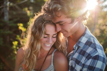 Fototapeta premium Young Caucasian Couple Relishing the Sunlight Together in Nature
