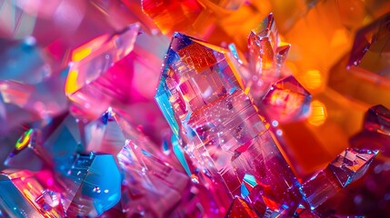 Macro photography of bismuth crystals with iridescent colors and geometric patterns, highlighting intricate details.