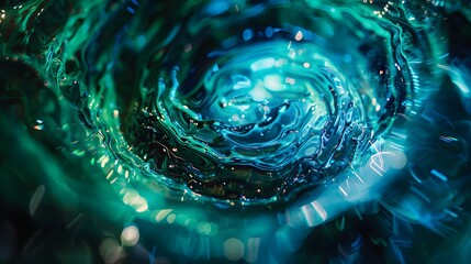 Dynamic close-up of a whirling water ripple in blue and green, capturing the mesmerizing fluid motion and light reflections.