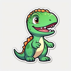 Cute cartoon dinosaur sticker featuring a smiling green T-Rex with orange scales, perfect for kids and dinosaur enthusiasts.