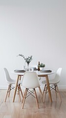 Minimalist Dining Area with a clean white wall as a backdrop, simple dining table with minimalist chairs