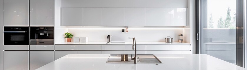 Fototapeta premium Minimalist Kitchen clean white walls, minimalist cabinetry and a sleek countertop