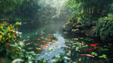 A serene pond surrounded by lush greenery, with colorful koi fish swimming lazily beneath the surface.