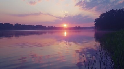 Obraz premium A serene sunrise over a calm lake, reflecting the warm colors of the morning sky