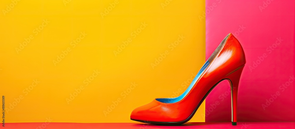 Poster Top view of stylish high heel shoes on a colorful background with space for text. Creative banner. Copyspace image
