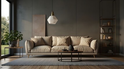 House mockup, living room interior background with couch and furnishings, 3D render