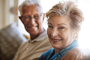 Portrait, home and senior couple with hug, marriage and retirement with happiness, romance and...